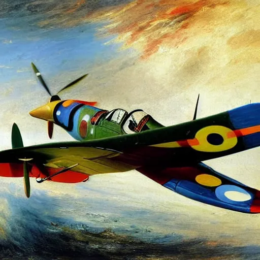 Prompt: a vibrant painting of a supermarine spitfire by william turner, detailed, close up, art, 1 8 2 4, british museum, colorful, beautiful