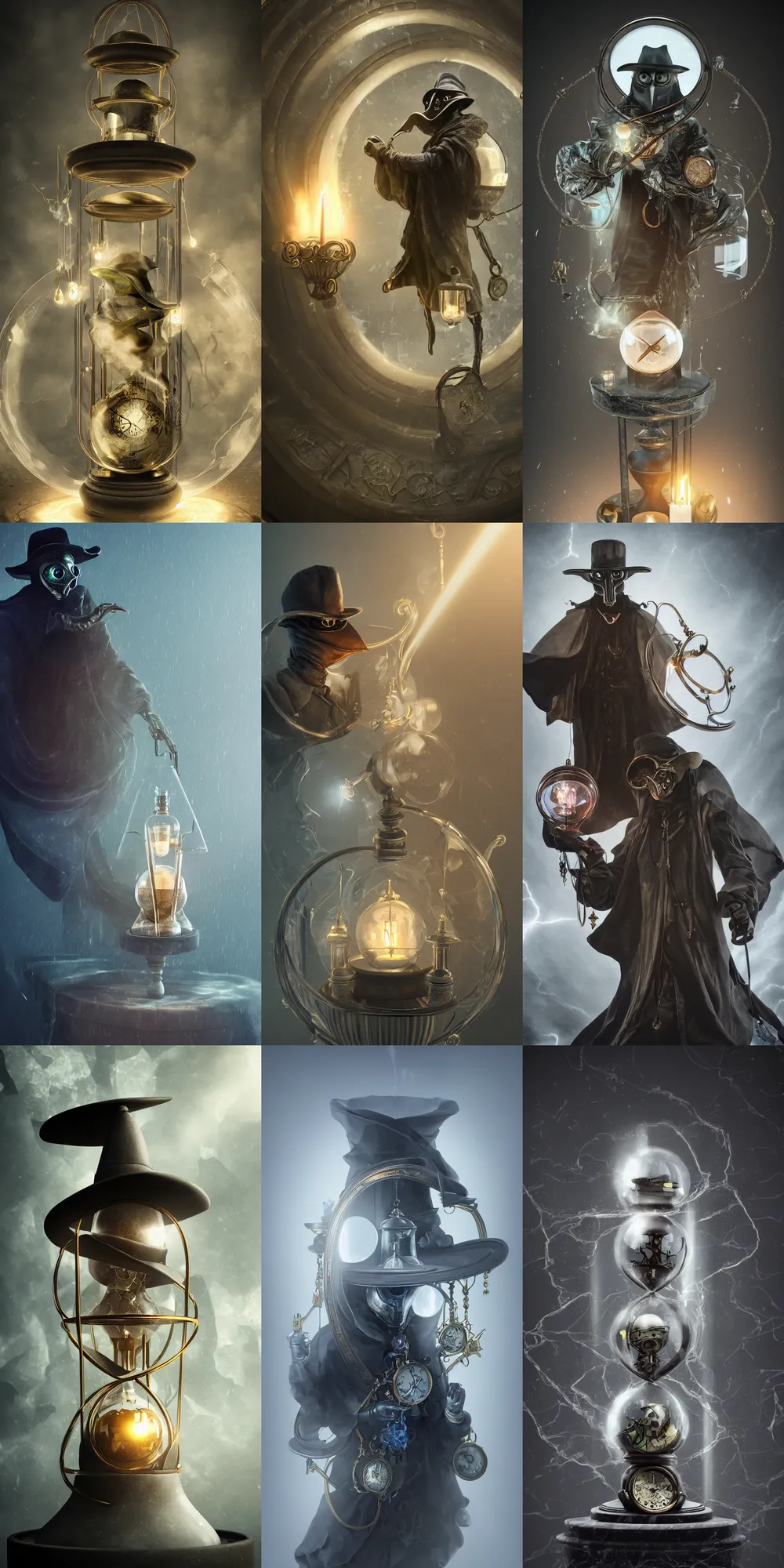 Prompt: iridescent steampunk plague doctor inside a marble, hourglass, lightning, intricate detail, volumetric lighting, epic composition, hyper detailed, ultra realistic, sharp focus, octane render, candle, volumetric, ray tracing, artstation trending, cgsociety, sense of awe, swirling mist, 4 k