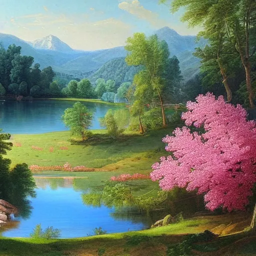 Prompt: a beautiful oil painting of blooming flowers of blue and pink and grass on a lake with detailed trees by Asher Brown Durand 4k, trending on artstation, W 1024,