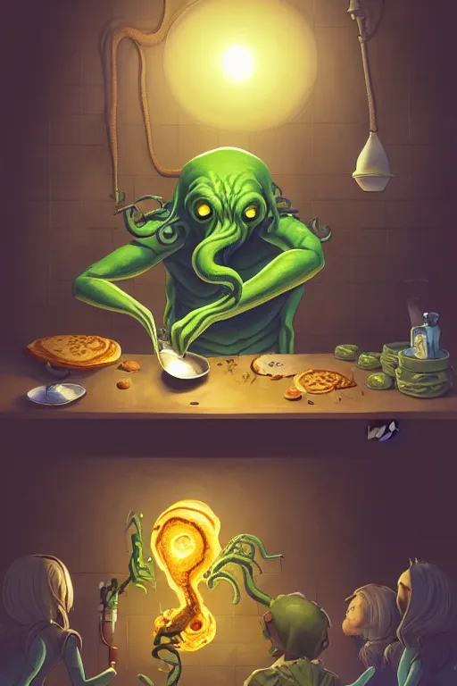 Image similar to cthulhu making pancakes, animation pixar style, by pendleton ward, magali villeneuve, artgerm, rob rey and kentaro miura style, golden ratio, trending on art station