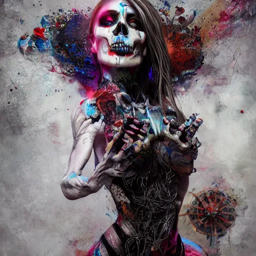 Image similar to full body pose, hyperrealistic mixed media painting of beautiful skull woman, dim volumetric lighting, 8 k, octane beautifully detailed render, extremely hyper detailed, intricate, epic composition, cinematic lighting, masterpiece, trending on artstation, very very detailed, masterpiece, stunning, hdr, smooth, sharp focus, high resolution, award, winning photo, dslr, 5 0 mm