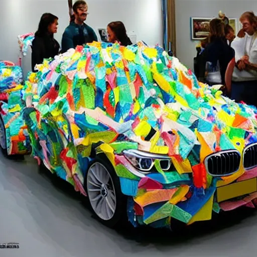 Image similar to bmw hatchback made of tissue paper, tissue paper art