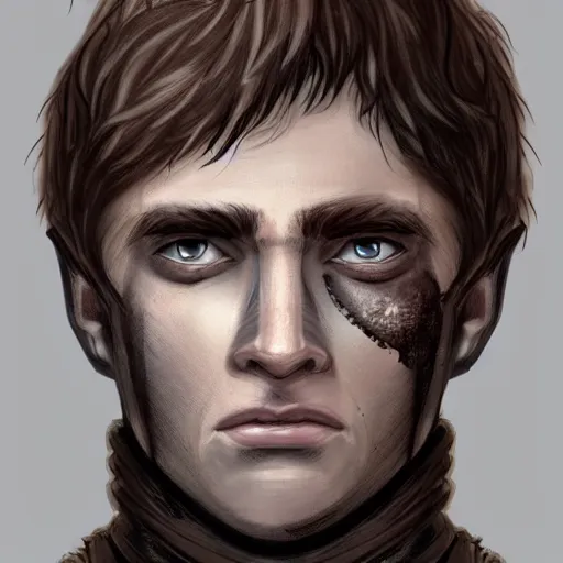 Prompt: character portrait young scarred captain knight with a steel breastplate, short brown hair and stubble. straight nose, brown eyes, lean face and build. hyper detailed