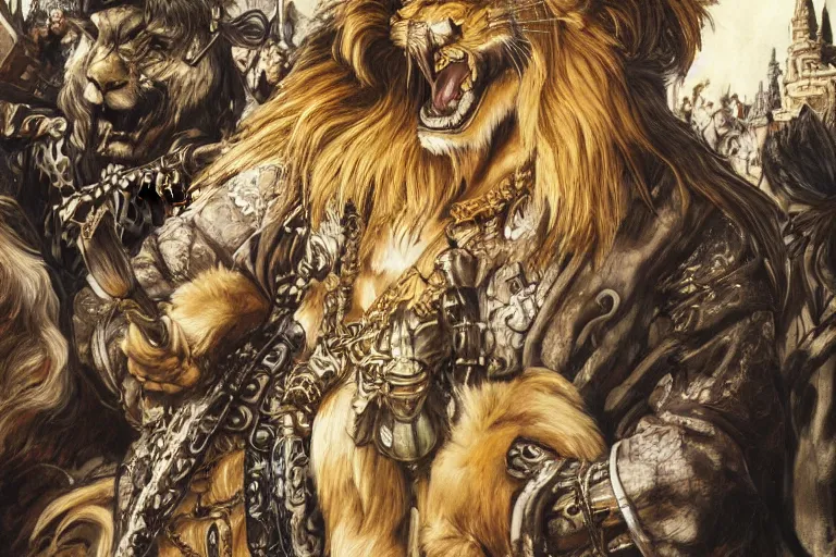 Image similar to 8k Yoshitaka Amano painting of upper body of a young cool looking lion beast-man with white mane at a medieval market at windy day. Depth of field. He is wearing complex fantasy bohemian clothing. He has huge paws. Renaissance style lighting.