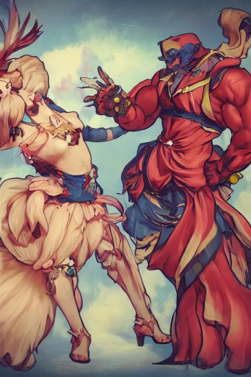 Image similar to Fashionable Anthropomorphic bird street fighter 6 concept art by artgerm and alphons mucha