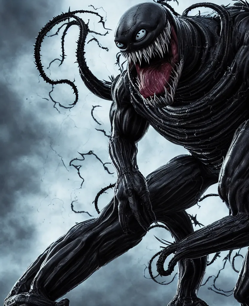 Image similar to A Minion from Despicable Me cast as Venom, still from marvel movie, hyperrealistic, 8k, Octane Render, dark colors, sinister atmosphere, dramatic lighting, cinematic, establishing shot, extremely high detail, photo realistic, cinematic lighting, pen and ink, intricate line drawings, by Yoshitaka Amano, Ruan Jia, Kentaro Miura, Artgerm, post processed, concept art, artstation, matte painting, style by eddie mendoza, raphael lacoste, alex ross