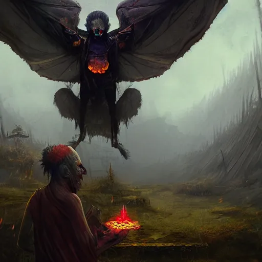 Image similar to scary , epic , Post-processing , low angle , Greg rutkowski legendary matte painting , masterpiece , 8K centered headshot Portrait of a psychedelic godlike mothman posing with a cigar with giant mandala wings smoking a hand-rolled cigarette smoking heavily , magic mushroom village in background , post-processing , award winning. superb resolution. in the art style of Satoshi Kon and Greg Rutkowski , Detailed Mushroom city in background , Hyper realistic anime , Perfect art , Dalle2