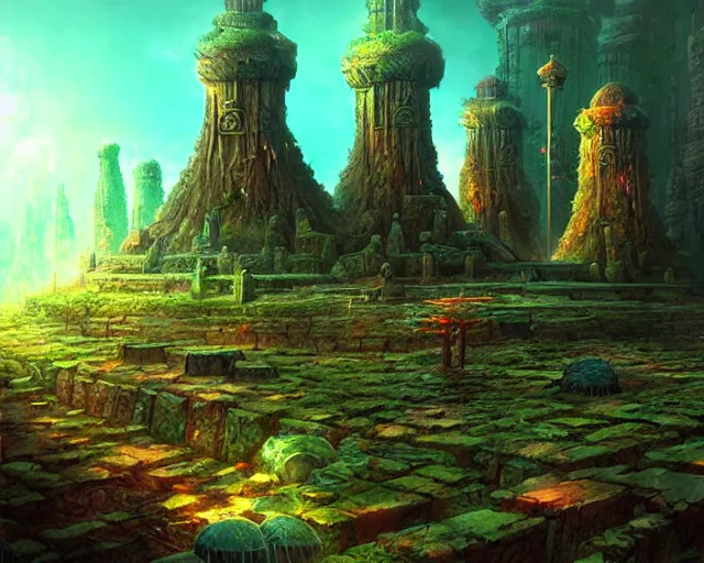 Prompt: mycelium temple, marc simonetti, leiji matsumoto, intricately detailed fantasy scenery