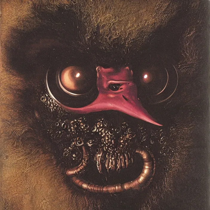 Image similar to close up portrait of a mutant monster creature with giant flaming protruding eyes bulging out of their eye sockets, exotic black orchid - like mouth, insect antennae by jan van eyck, audubon