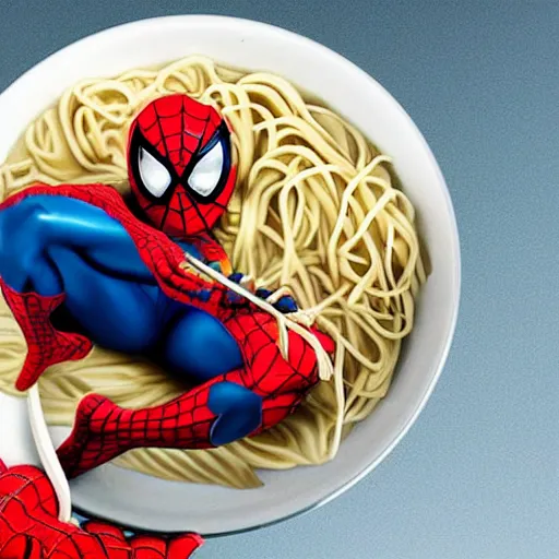 Image similar to close up zoom photo of spiderman eating noodles