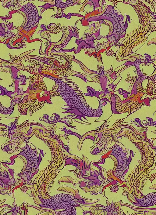 Image similar to ancient dragon and flowers fabric design pattern, 4 k