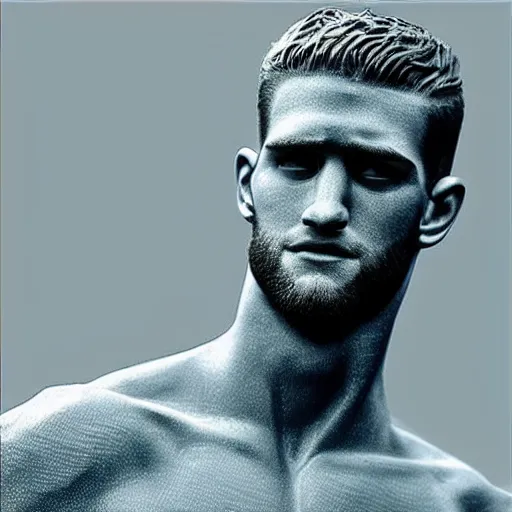 Image similar to “a realistic detailed photo of a guy who is an attractive humanoid who is half robot and half humanoid, who is a male android, baseball player Bryce Harper, shiny skin, posing like a statue, blank stare”