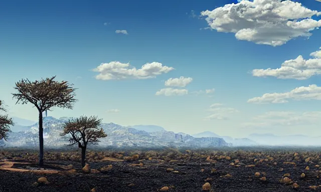 Image similar to beautiful panorama of many magnificent big upside-down raindrops in a perfect cloudless blue sky above a dried up river, desolate land, dead trees, blue sky, hot and sunny highly-detailed, elegant, dramatic lighting, artstation, 4k, cinematic landscape, masterpiece photograph by Elisabeth Gadd, National Geographic