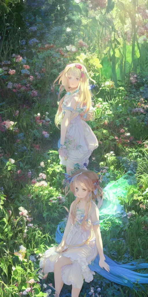 Image similar to a digital art of a loli with long hair in a dress in the privet garden at after noon, green and blue and warm theme, back lighting, by krenz cushart and mucha and akihito yoshida and greg rutkowski and makoto shinkai, highly detailed, 4 k resolution, trending on art station