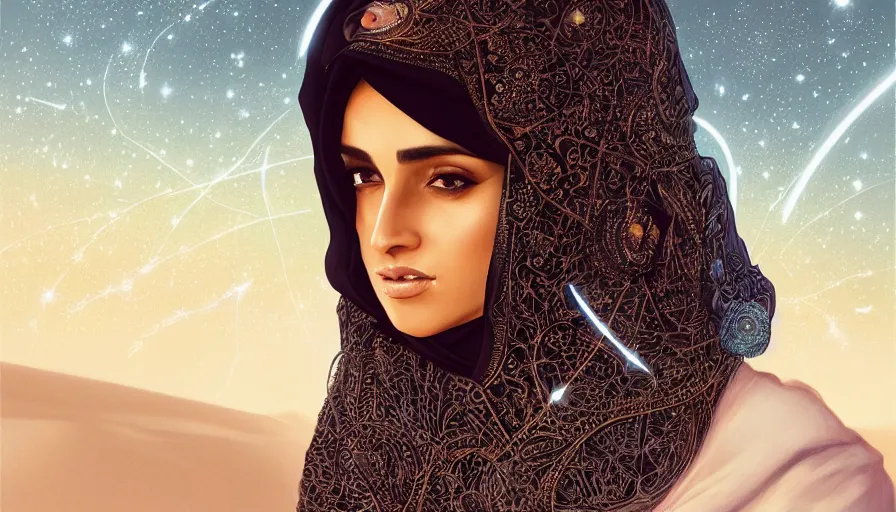 Image similar to Portrait of very very very very very very beautiful Arab woman wearing a Niqab, glowing magical eyes, energy trails, under giant full moon in the desert, intricate, elegant, highly detailed, digital painting, artstation, concept art, smooth, sharp focus, illustration, art by artgerm and greg rutkowski and alphonse mucha