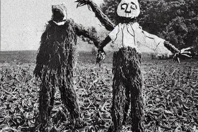 Image similar to disturbing screaming scarecrow from the early 1 9 0 0's burning down the cornfields