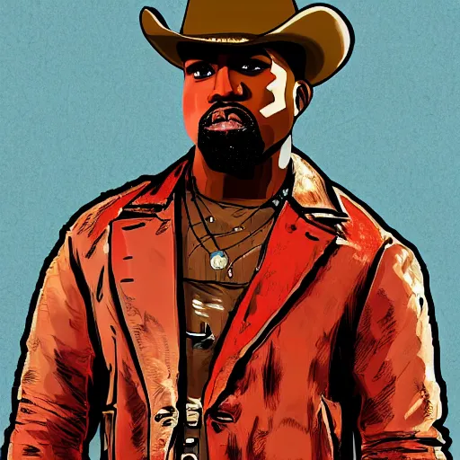 Image similar to portrait of kanye west in stephen bliss illustration red dead redemption 2 artwork of kanye west, in the style of red dead redemption 2 loading screen, by stephen bliss