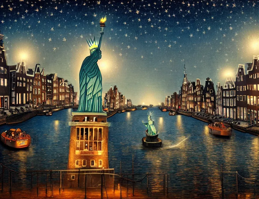 Prompt: a very realistic painting of the statue of liberty being stoned and lost in the amsterdam canals surrounded by amsterdam houses at night with romantic city light ambiance and a starry sky painting in the style of james jean, 8 k ultra realistic no noise