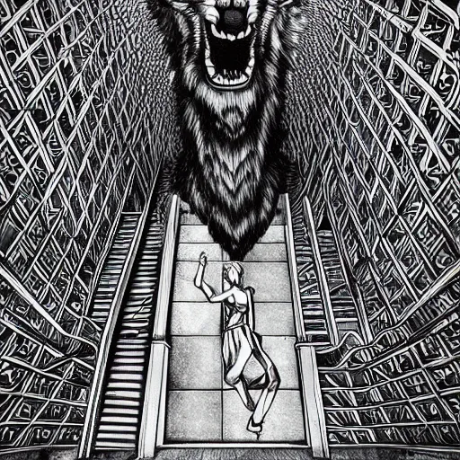 Image similar to a huge howling angry wolf in a huge bright maze of many doorways and lots of stairs, many doorways, inside MC Escher architecture, artstation, Junji Ito, epic composition, detailed background