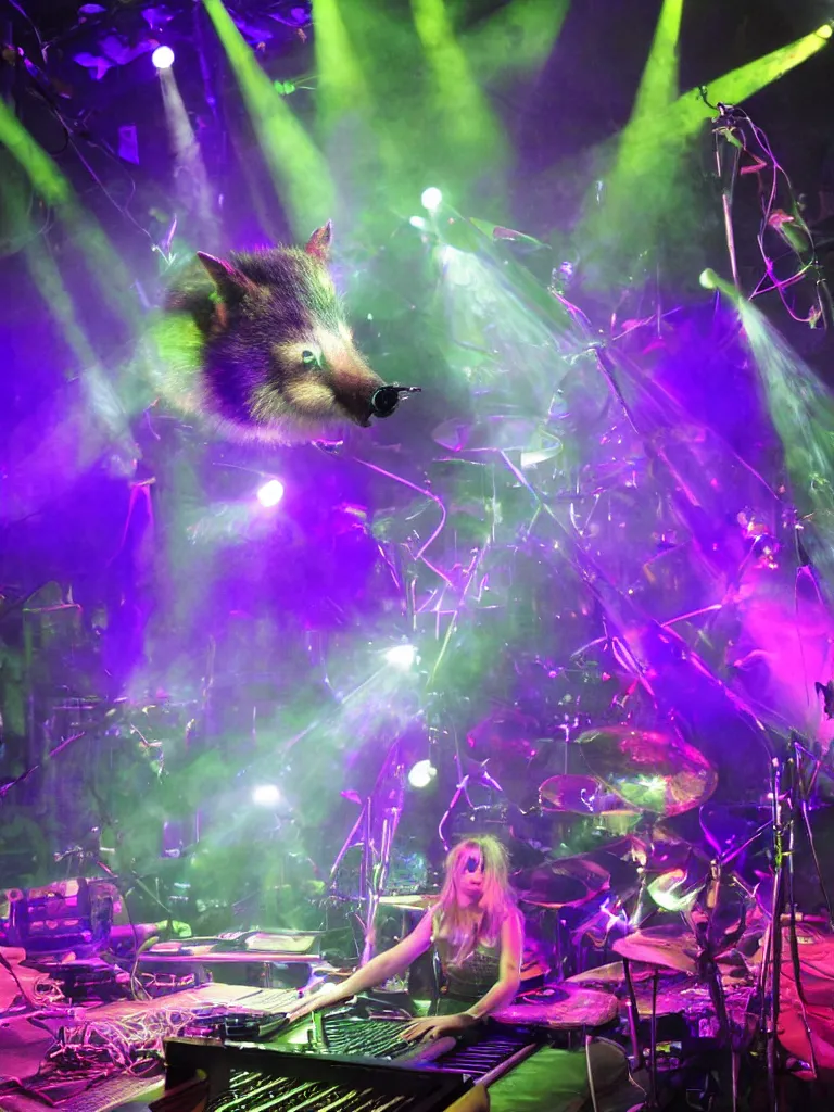 Prompt: Photorealistic opposum playing keyboards on stage with laser light show in the background