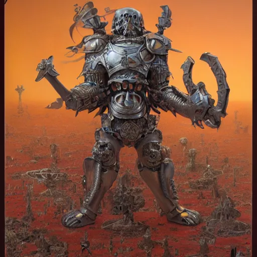 Image similar to , bismuth metal skullknight armor, anthropomorphic shiba inu, standing, cementary of skulls, fantasy 3 d render, masterpiece, red aura, by donato giancola and greg rutkowski and wayne barlow and zdzisław beksinski, realistic face