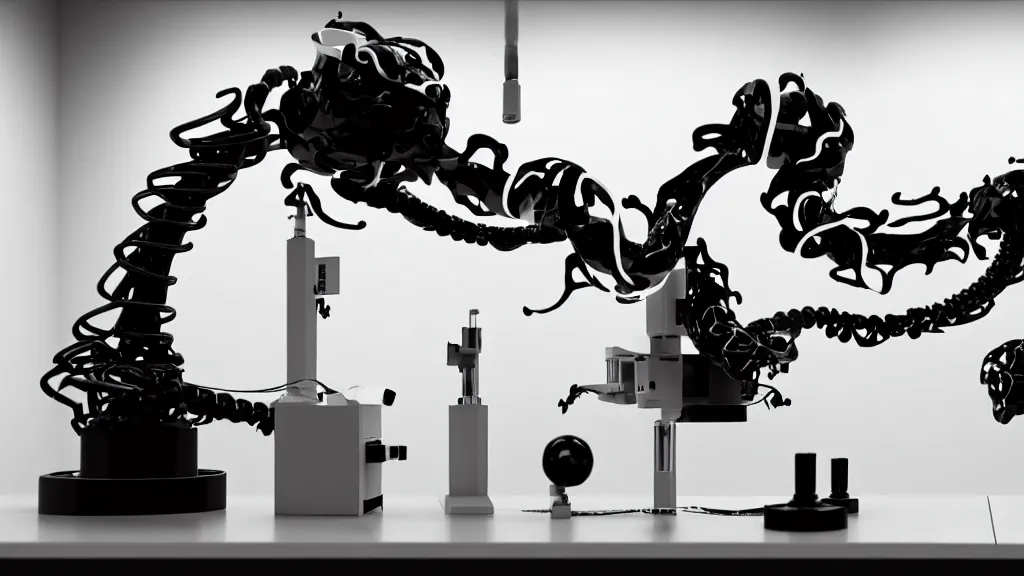 Image similar to a complex bifurcated robotic cnc surgical arm hybrid mri 3 d printer machine making swirling black and white ceramic mandlebulb mutant forms in the laboratory inspection room, film still from the movie directed by denis villeneuve with art direction by salvador dali, wide lens, f 3 2, cinematic lighting, studio quality, smooth render, unreal engine 5 rendered, octane rendered