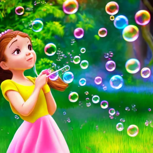 Prompt: a little girl in a beautiful garden blowing bubbles in a still from a disney movie. beautiful disney cartoon character art, high quality, detailed face