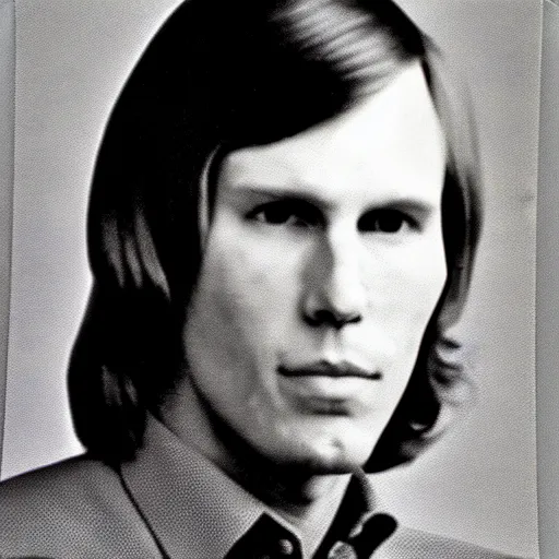 Image similar to A photograph portrait of Jerma985 with short-medium length hair a combover wearing early 1970s menswear in the early 1970s, taken in the early 1970s, grainy, taken on a 1970s Polaroid Camera, realistic, hyperrealistic, very realistic, highly detailed, very detailed, extremely detailed, detailed, digital art, trending on artstation, colorized photo