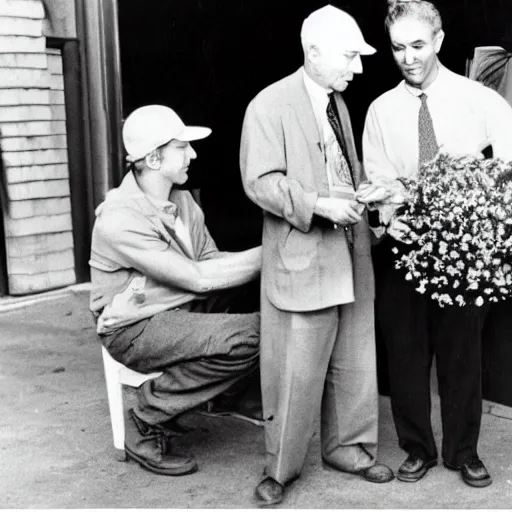 Prompt: photo of robert oppenheimer selling flowers