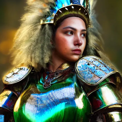 Image similar to cute warrior queen with malachite armour, highly detailed, 4k, HDR, smooth, sharp focus, hyper realistic, high resolution, award-winning photo