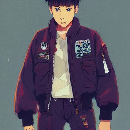 Image similar to a handsome young man! model, wearing ma - 1 flight suit jacket and overalls, bulky poofy bomber jacket with mayan patterns, trending on pixiv fanbox, painted by greg rutkowski makoto shinkai takashi takeuchi studio ghibli, akihiko yoshida