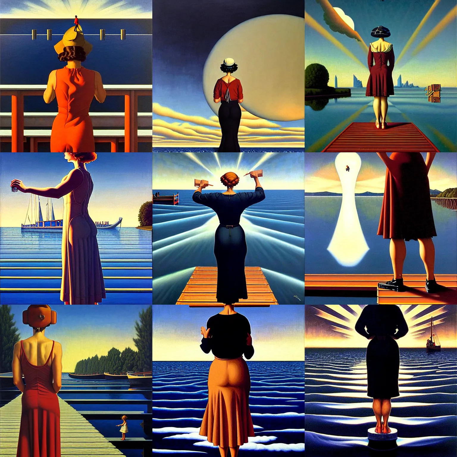 Prompt: an art deco painting of a woman standing on a dock by rob gonsalves and brom and norman rockwell, hyperrealism, precisionism, art deco, surrealist, chiaroscuro, sunburst behind woman