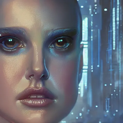 Image similar to a portrait of natalie portman as a replicant from blade runner, detailed, centered, digital painting, artstation, concept art, donato giancola, joseph christian leyendecker, wlop, boris vallejo, breathtaking, 8 k resolution, extremely detailed, beautiful, establishing shot, artistic, hyperrealistic, beautiful face, octane render