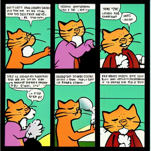 Prompt: heathcliff the cat shooting garfield the cat in the style of a comic strip, george gately, peter gallagher, jim davis