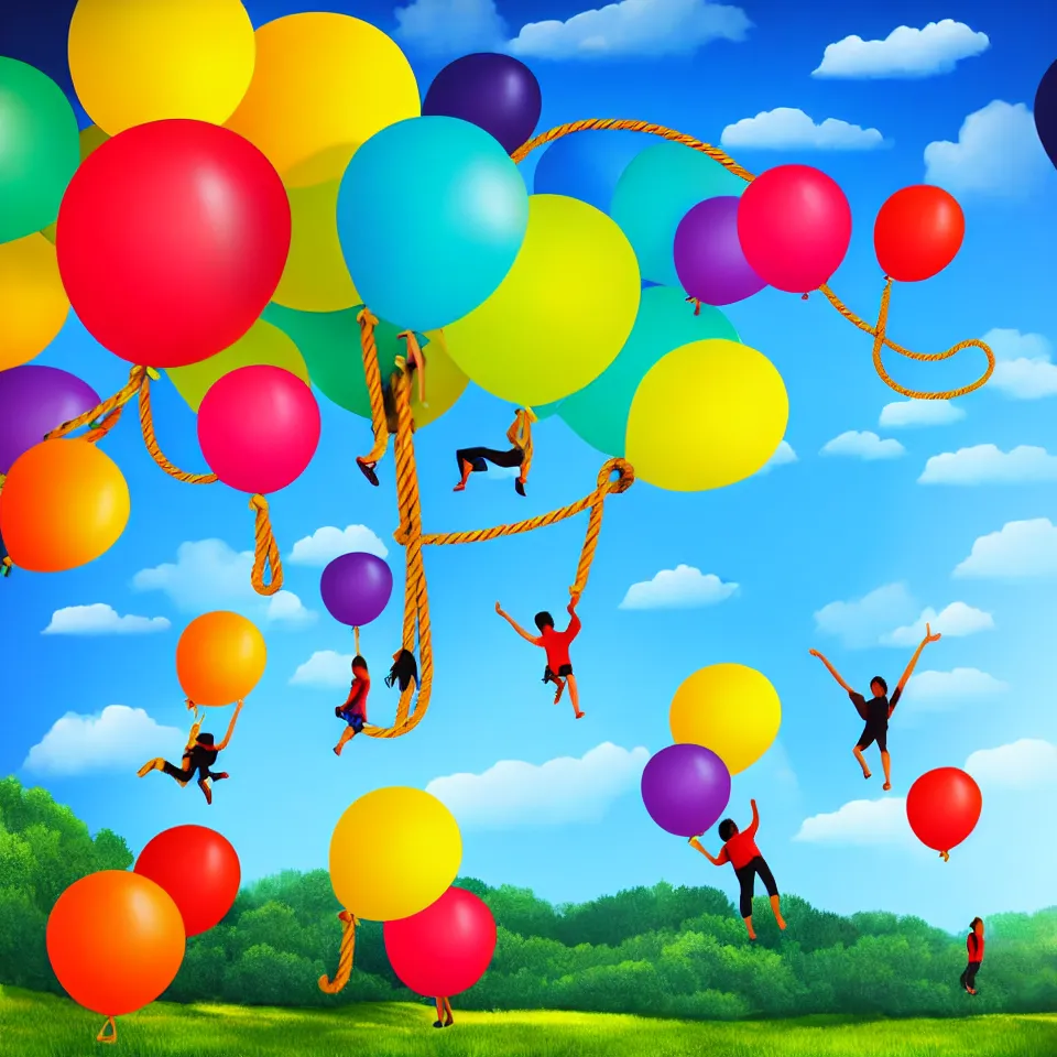 Image similar to large colorful balloons with people on rope swings underneath, flying high over the landscape, realistic, detailed
