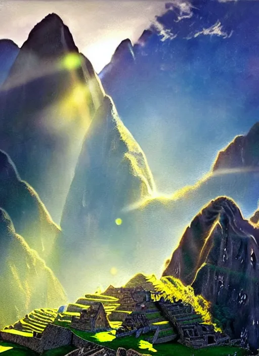 Prompt: a beautiful concept art painting of a sunrise on the machu picchu, beautiful lighting, fantasy art