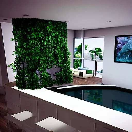 Prompt: “Photo of trapezoid shaped Fish Tank inside of modern home, ray tracing, unreal engine”