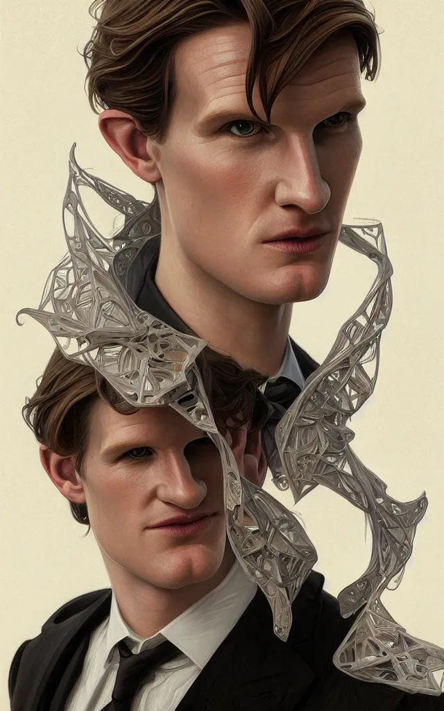 Image similar to symmetry portrait of matt smith, intricate, elegant, highly detailed, digital painting, artstation, concept art, smooth, sharp focus, illustration, art by artgerm and greg rutkowski and alphonse mucha