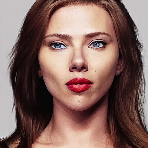 Image similar to a woman who is a genetic combination of scarlett johansen and marie iitoyo face and upper - body focus