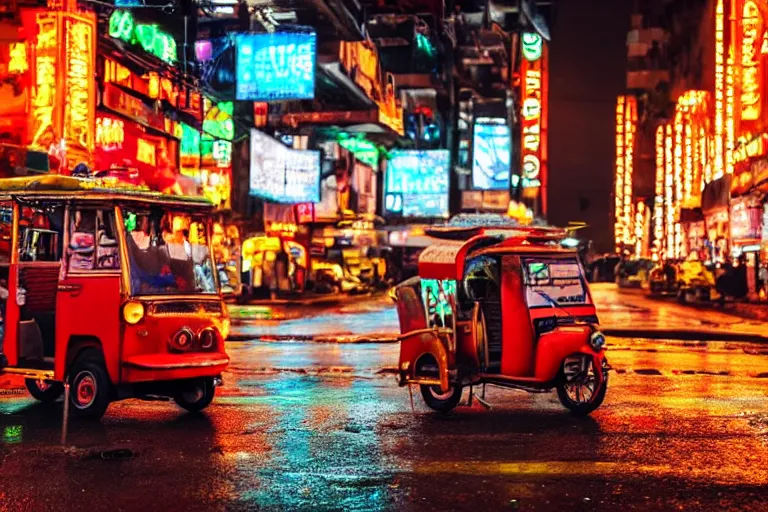 Prompt: a cinematic photograph of a tuk tuk going in a dystopian city street, rain falls, neon advertisement light up the street, ultra realistic, high definition