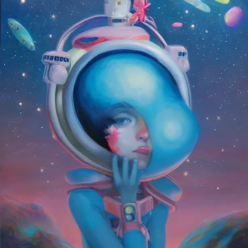 Image similar to oil painting of a princess lost in space, james jean vibes