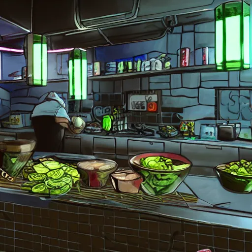 Prompt: realistic pickles in a cyberpunk kitchen