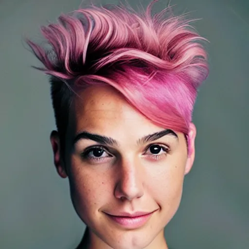 Prompt: portrait of a beautiful smiling 20-year-old Gal Gadot pink pixie cut hair by Mario Testino, headshot, detailed, award winning, Sony a7R