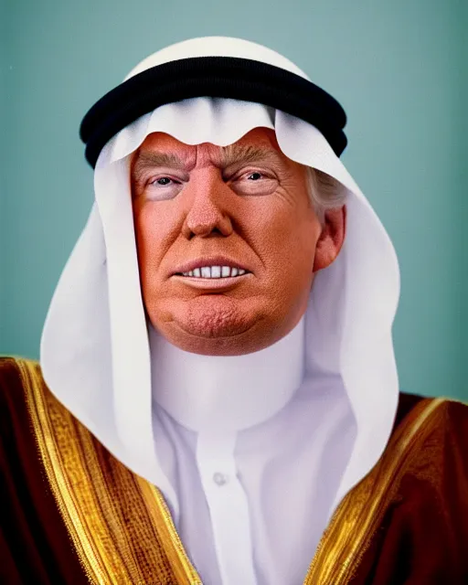 Prompt: a picture of donald trump as a muslim sheikh from saudi arabia, portrait, ektachrome, closeup, f / 2. 8