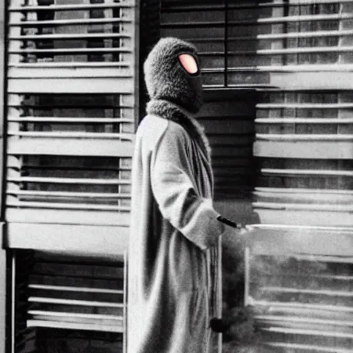 Prompt: a paparazzi photography of robocop wearing a bathrobe smoking a cigarette, standing on a balcony