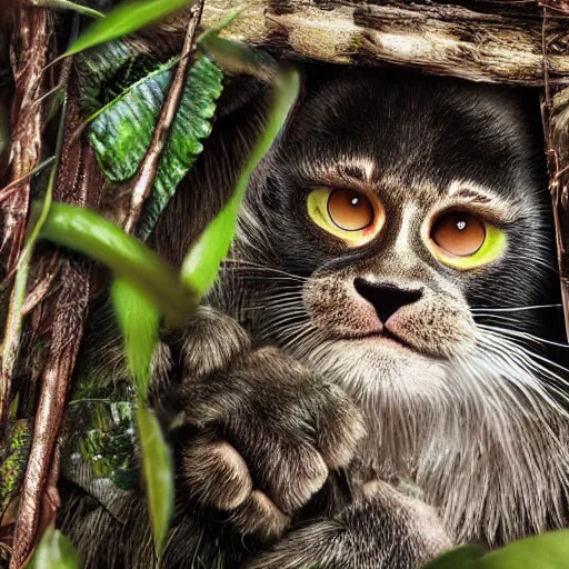 Image similar to frightening jungle scene featuring a create that is half ape half cat, extreme detail, hyperrealistic photo, gloomy