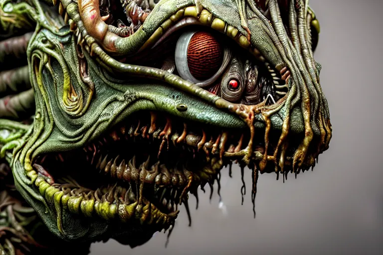 Image similar to wide angle photo taken of an epic intricate, ultra detailed, super realistic gritty, hero prop, exquisitely weathered animatronic movie prop of a lifelike sculpture of a wet, slimy nightmarish hellish alien creature displayed in the workshop, created by weta workshop, full body shot, photorealistic, sharp focus