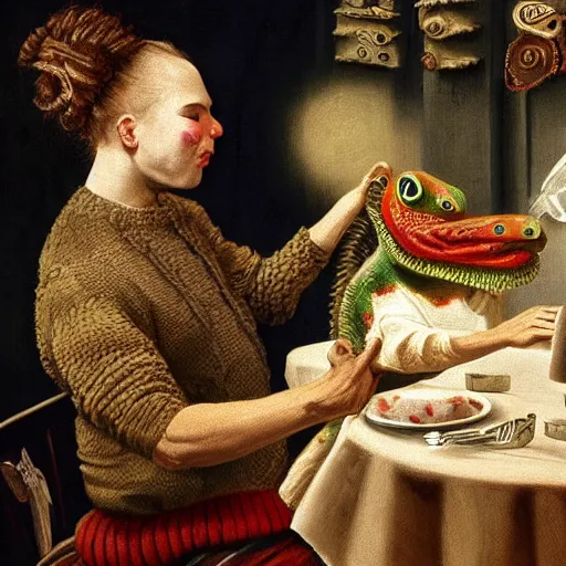 Prompt: An ugly sweater being licked by a lizard in a restaurant, Neoclassical painting, Highly Detailed, intricate, trending on art station, amazing artwork, sharp focus , 8k UHD