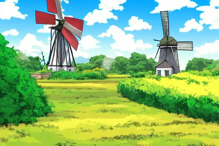 Image similar to beautiful countryside background with a windmill by studio ghibli, cute, winter