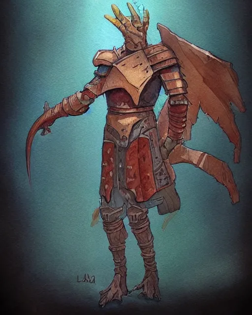 Image similar to a watercolor painting full body character portrait of a humanoid dinosaur paladin / cleric in the style of moebius in the style of leonard boyarsky trending on artstation deviantart pinterest furaffinity detailed photorealistic highlights and shadow hd 8 k post - processing high resolution
